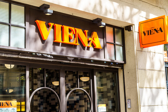 Barcelona, Spain-April 24, 2023. Vienna Restaurant Chain. Logo on the entrance facade.