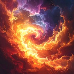 Fiery spiral vortex through swirling clouds
