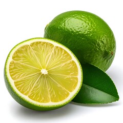 Fresh limes, halved and whole, with leaves