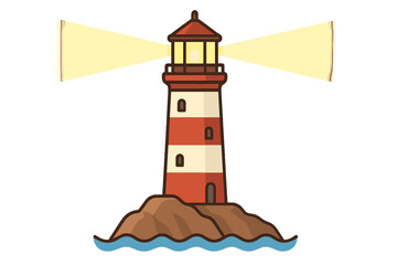 Lighthouse on a rocky island. Vector cartoon illustration for nautical and maritime themes. Beacon of hope, guidance, and safety. Navigation symbol on the sea coast.