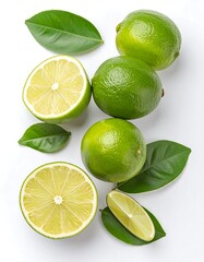 Fresh limes and leaves on white background
