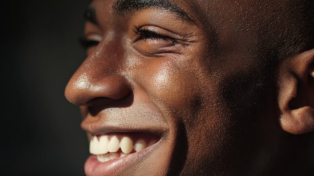Smiling young Black man with clear skin, showcasing joy and happiness in warm lighting.