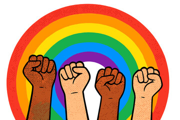 LGBT rights campaign. Raised fists protest. Gender diversity and unity concept. Pride month symbol on rainbow background. Social justice and equality. Vector flat illustration.