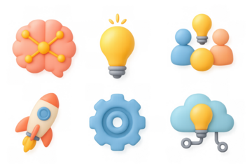 Creative innovation icons set: brain, ideas, and collaboration in 3d style