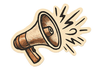 Retro megaphone announcement vector illustration. Vintage halftone collage sticker with doodle sound decor. Torn paper edge element in 90s offset press print style for news.