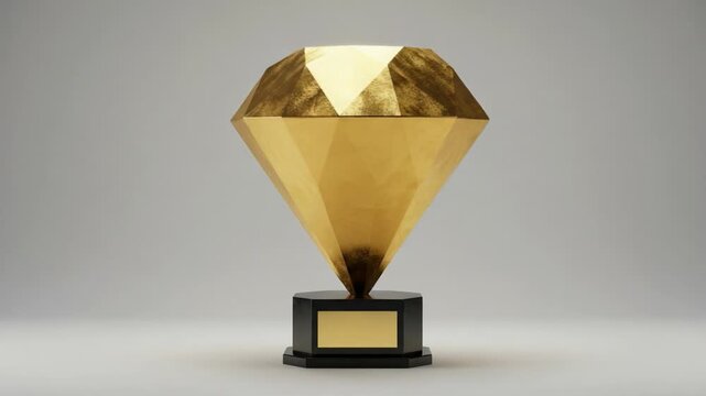 A Gleaming Diamond-Like Trophy Symbolizing Achievement and Excellence, Showcasing a Stunning Geometric Design with a Brilliant Gold Finish Standing Proudly on a Sleek Black Base