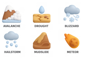 Natural disaster icons featuring avalanche, drought, blizzard, hailstorm, mudslide, meteor in 3d style