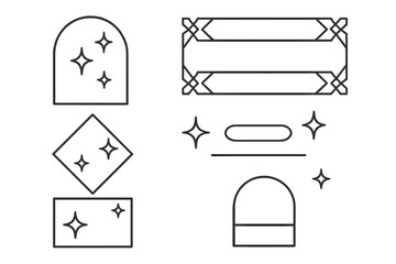 Y2K minimalist aesthetic line elements set. Trendy linear frames with stars and sparkles. Simple flat geometric forms. Arch frame, simple decorative boho style vector icons.