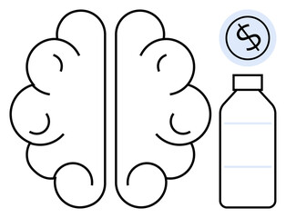 Brain outline with a supplement bottle containing a dollar sign, emphasizing cognitive health, investment, well-being, mental clarity, healthcare choices, financial planning, and balanced living. A