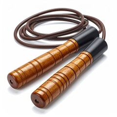 A brown leather jump rope with wood handles, black end caps, and a coiled rope lies on a white background