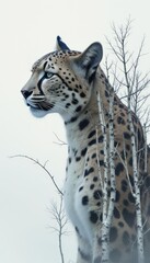 Fototapeta premium Majestic leopard silhouette amidst leafless trees captured in soft lighting, showcasing nature's beauty and the elegance of wild animals in their habitat