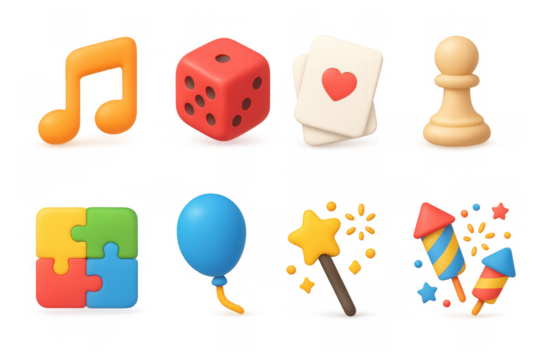 Vibrant 3d icons: music, games, and celebrations