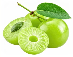 Three vibrant green fruits, one halved, revealing a central pit; another bisected showcasing its juicy, pale-green flesh; accompanied by a lush green leaf and stem