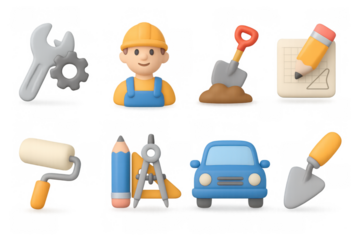 3d construction tools and worker icons for creative projects