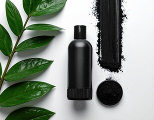 A black bottle of cosmetic product sits beside vibrant green leaves and a pile of black powder on a white background, suggesting a natural or charcoal-based beauty product