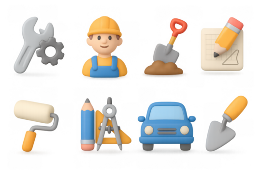 3d construction tools and worker icons for creative projects