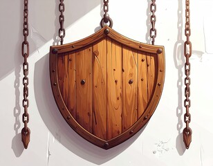 A rustic wooden shield, hanging from chains against a worn white wall, shows aged texture and metal detailing