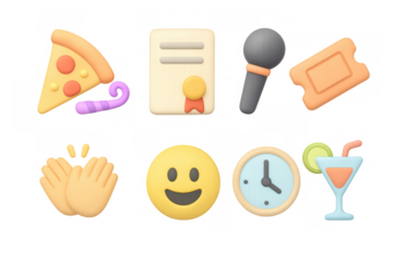 3d party icons: pizza slice, celebration ticket, and more in vibrant style