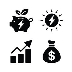 Energy investment icon set piggy bank with a leaf, rising chart with a lightning bolt, money bag with a sun.