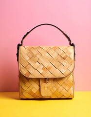 A light beige woven handbag with a black top handle sits on a yellow surface against a pink backdrop.  The bag features a unique woven pattern and a small flap closure