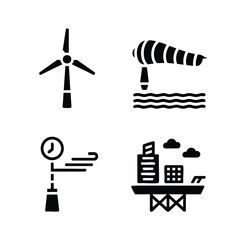 Fototapeta premium Wind power technology icon set wind turbine, windsock, anemometer, offshore platform.