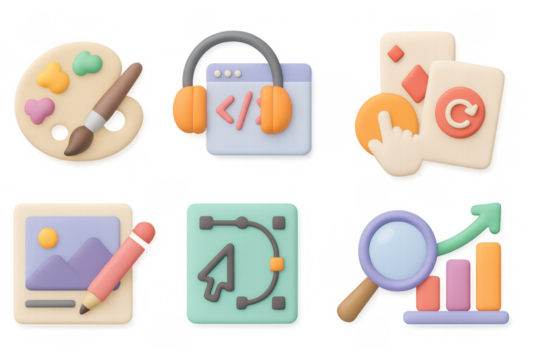 3d creative design icons set: art palette, code, tools, analytics