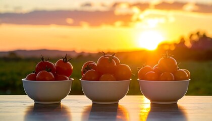Fresh tomatoes in bowls at sunset