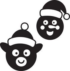 Cute Santa-hat animal & elf faces – black & white Christmas silhouette vector