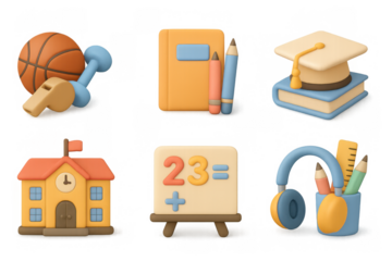 Educational icons set in 3d style featuring school supplies and learning tools