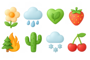 Colorful 3d cute nature and weather icons with seasonal themes
