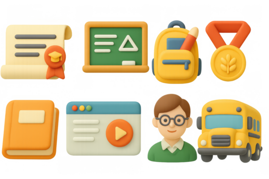 3d school and education icons: backpack, blackboard, school bus, and more