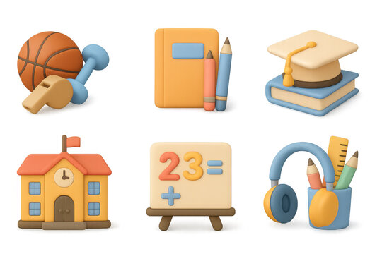 Educational icons set in 3d style featuring school supplies and learning tools
