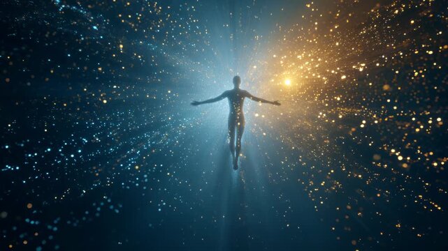 Futuristic figure in ethereal dreamscape immersed in sound healing at 432 Hz with blue and golden light