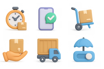 3d delivery icons: mobile, packages, logistics, and time management