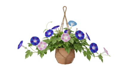 Morning glory flowers in a hanging pot isolated PNG with Transparent Background