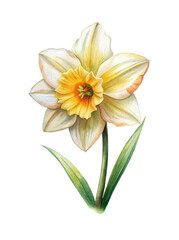 Fototapeta premium Watercolor illustration of a single daffodil flower with green leaves on white