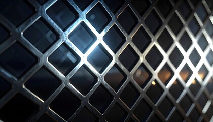 Close up Metal Grid Pattern with Silver Highlights and Dark Background Abstract Perspective View Industrial Design Detail