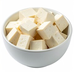 A white bowl brimming with uniformly cut, firm tofu cubes, set against a stark white background