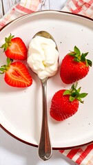 Fresh strawberries and whipped cream on a plate