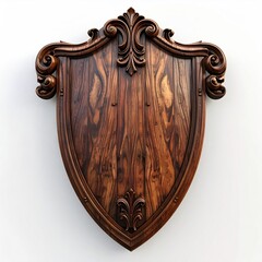 Ornate dark wood shield-shaped plaque with carved detailing and a baroque-style crest