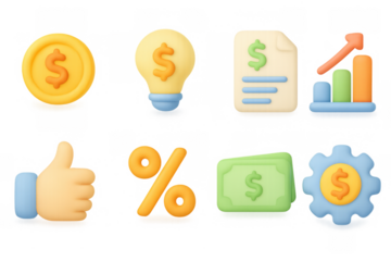 3d financial icons set: dollar, growth, and analytics symbols in modern style