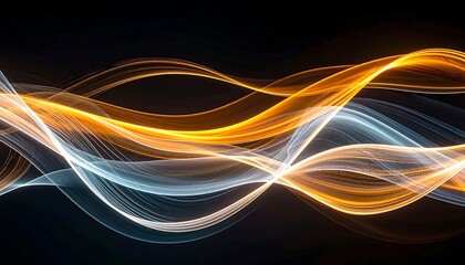 Glowing abstract ribbons of light in shades of orange, white and blue, flowing across a dark background