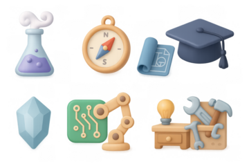 3d education and science icons set: flask, compass, graduation cap, and more