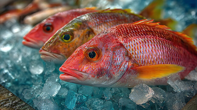 fresh red snapper fish on ice at a local seafood market, ready for sale with vibrant colors, chilled freshness, and a cold, raw display that captures the quality and appeal of fresh seafood