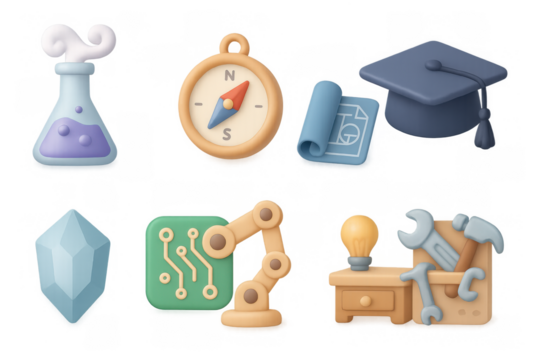3d education and science icons set: flask, compass, graduation cap, and more
