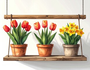 Three potted spring flowers (tulips and daffodils) hang from a rustic wooden shelf against a white background