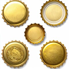 Five gold bottle caps, various designs,  isolated on white background; some show embossed details