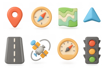 3d navigation and transportation icons set: maps, compass, traffic lights, gps