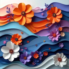 Vibrant paper flowers bloom atop layered, undulating waves of color; a stylized floral landscape