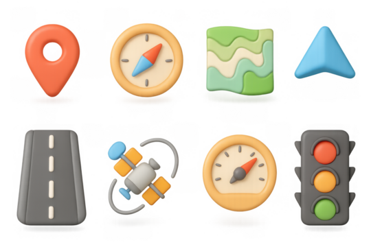 3d navigation and transportation icons set: maps, compass, traffic lights, gps